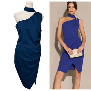 Grace Karin Teal One Shoulder Ruched Bodycon Dress Removable Scarf Large NWT